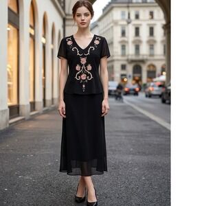 Positive Attitude Black Floral Embroidered Beaded Midi Dress Set Size 6